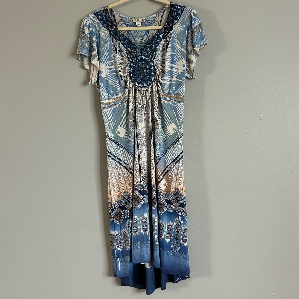 Y2K Sublimation Midi Dress Large Blue Brown Slinky Boho Crochet Flutter Sleeves